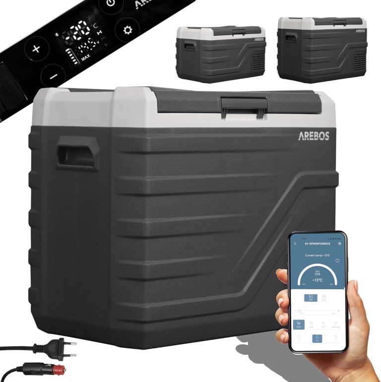 Arebos Glacière à Compresseur 43L, Réfrigérateur et Congélateur Portable jusqu'à -20°C, Application et Commande Intelligente, 12/24V et 230V, USB